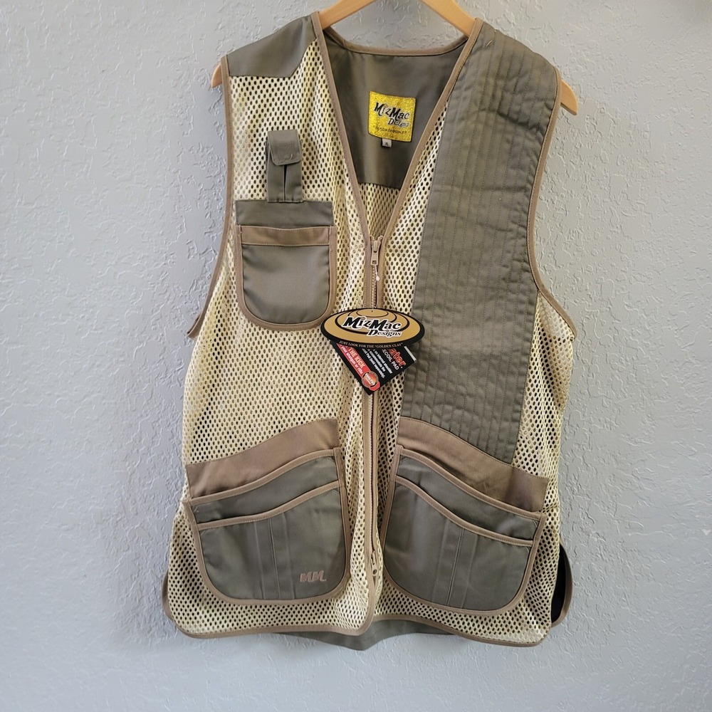 MizMac Designs Mesh Shooting Vest Size XL Green, And Tan  Pockets Zip Up Left